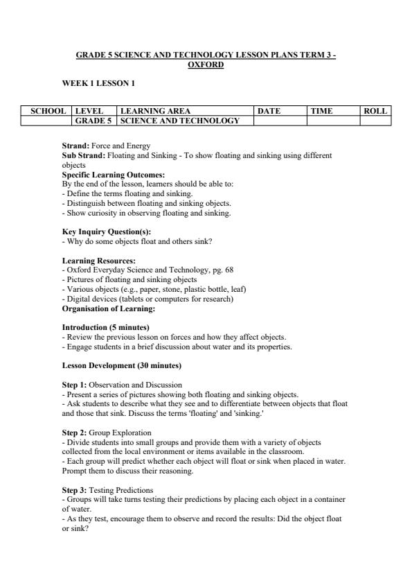 Page 1 – Grade 5 Science and Technology Lesson Plans Term 3 - Oxford – Kenyaplex