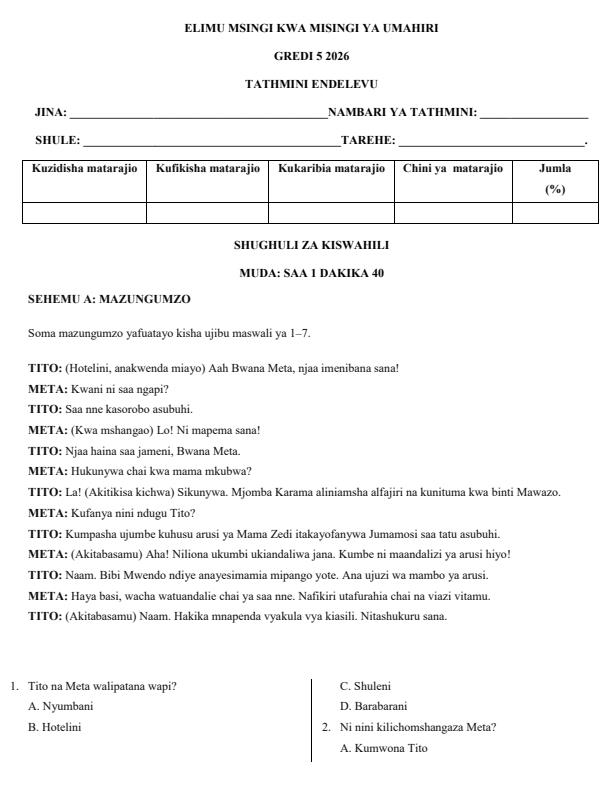 Page 1 – Grade 5 Shughuli za Kiswahili April 2026 Holiday Assignment – Kenyaplex