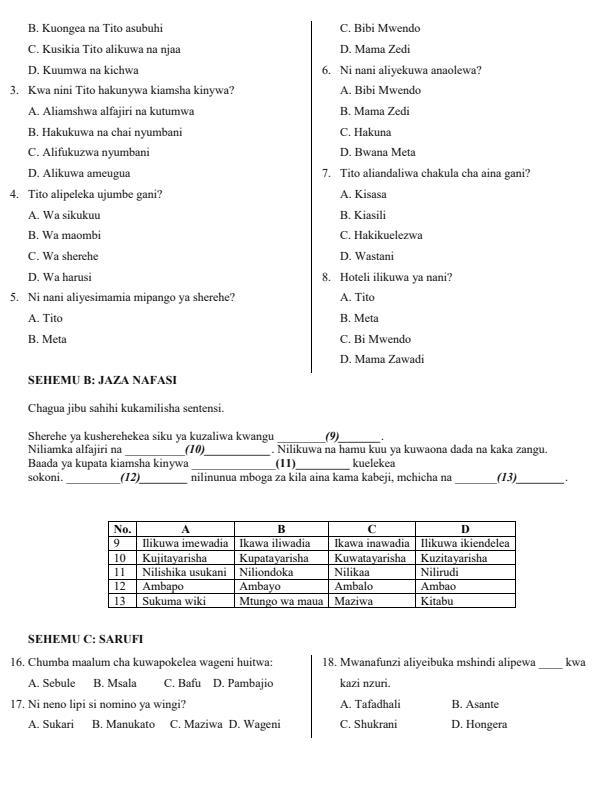 Page 2 – Grade 5 Shughuli za Kiswahili April 2026 Holiday Assignment – Kenyaplex