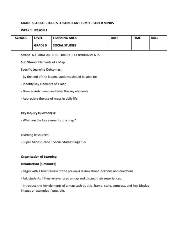 Page 1 – Grade 5 Social Studies Lesson Plans Term 1 - Super Minds – Kenyaplex