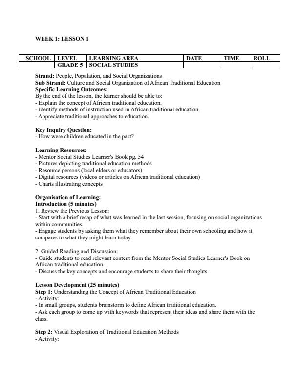 Page 1 – Grade 5 Social Studies Lesson Plans Term 2 - Mentor – Kenyaplex
