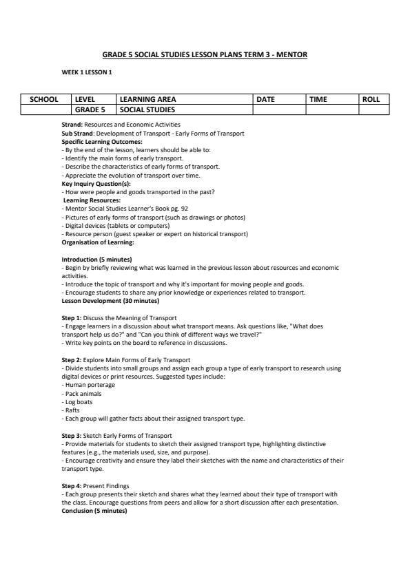 Page 1 – Grade 5 Social Studies Lesson Plans Term 3 - Mentor – Kenyaplex