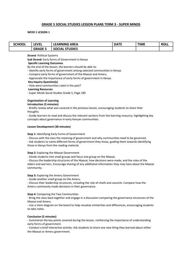 Page 1 – Grade 5 Social Studies Lesson Plans Term 3 - Super Minds – Kenyaplex