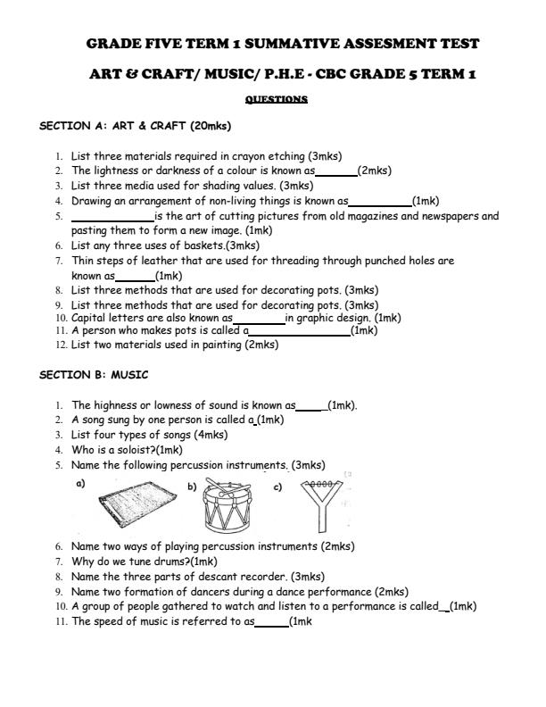 Grade 5 Summative Assessment Test for Term 1 14031