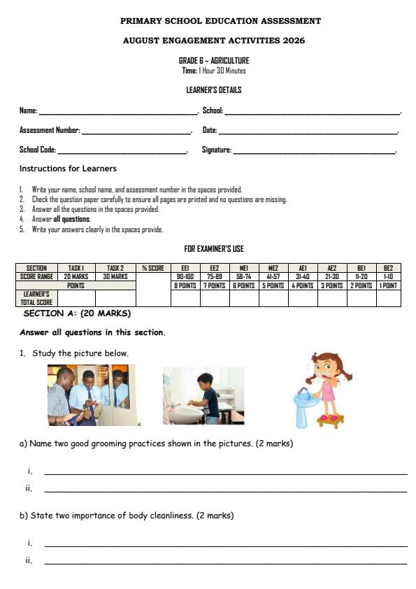 Page 1 – Grade 6 Agriculture August 2026 Holiday Assignment – Kenyaplex