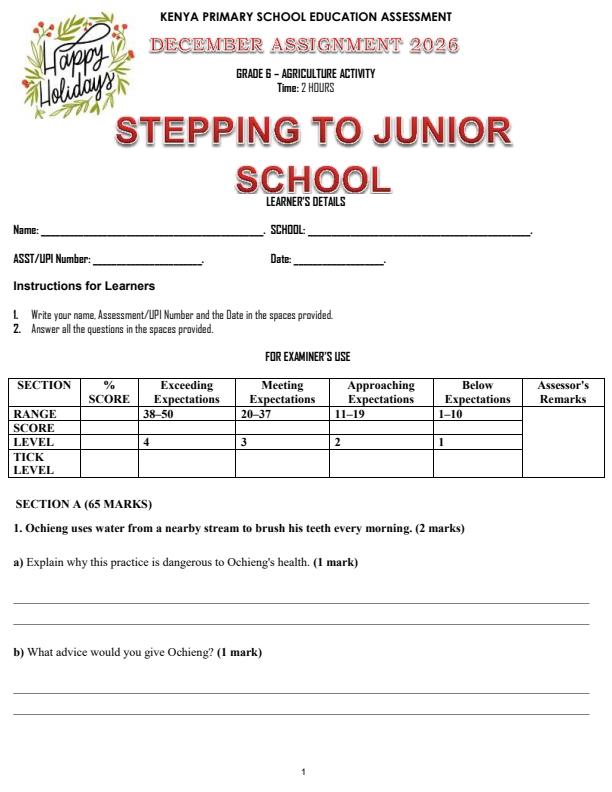 Page 1 – Grade 6 Agriculture December 2026 Holiday Assignment – Kenyaplex