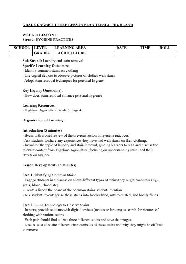 Page 1 – Grade 6 Agriculture Lesson Plans Term 3 - Highland – Kenyaplex