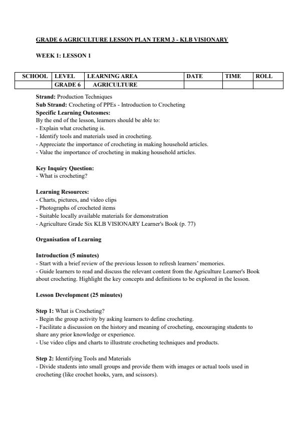 Page 1 – Grade 6 Agriculture Lesson Plas Term 3 - KLB Visionary – Kenyaplex