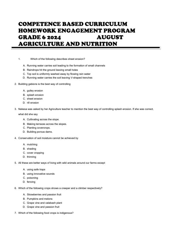 Page 1 – Grade 6 Agriculture and Nutrition August 2024 Holiday Assignment – Kenyaplex