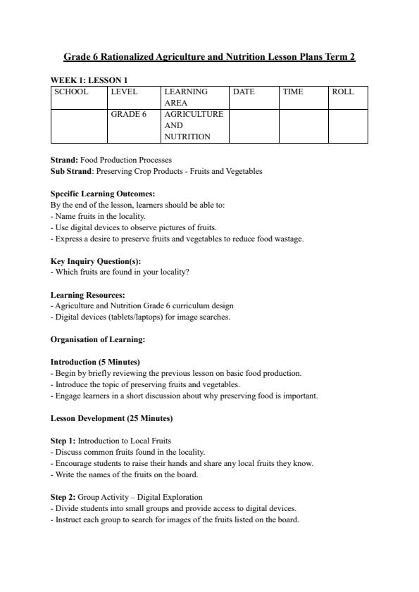 Page 1 – Grade 6 Agriculture and Nutrition Lesson Plans Term 2 - Rationalized – Kenyaplex