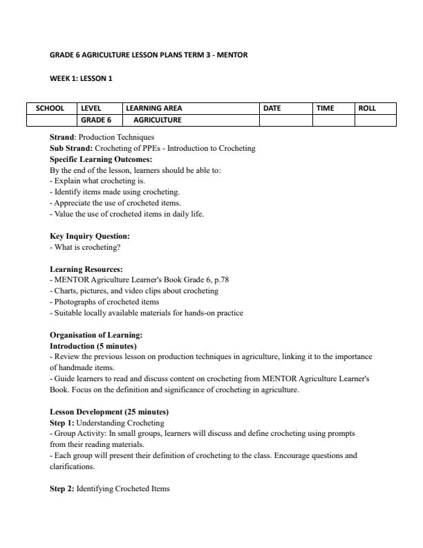 Page 1 – Grade 6 Agriculture and Nutrition Lesson Plans Term 3 - Mentor – Kenyaplex