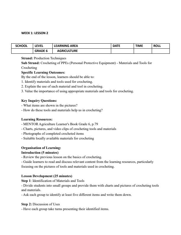 Page 3 – Grade 6 Agriculture and Nutrition Lesson Plans Term 3 - Mentor – Kenyaplex
