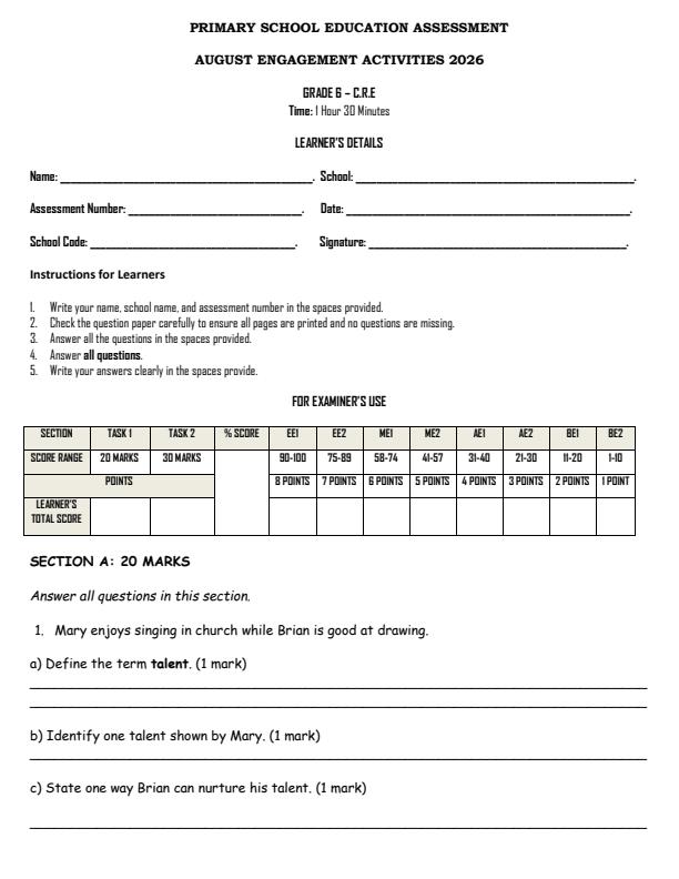 Page 1 – Grade 6 CRE August 2026 Holiday Assignment – Kenyaplex