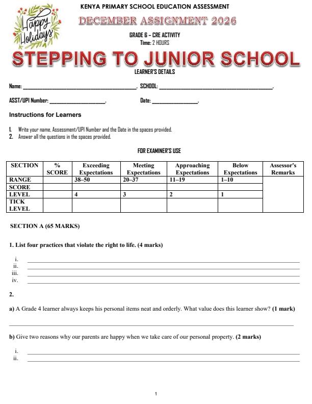 Page 1 – Grade 6 CRE December 2026 Holiday Assignment – Kenyaplex
