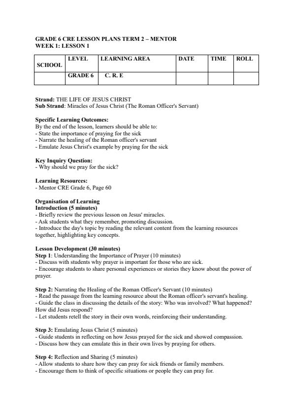 Page 1 – Grade 6 CRE Lesson Plans Term 2 - Mentor – Kenyaplex
