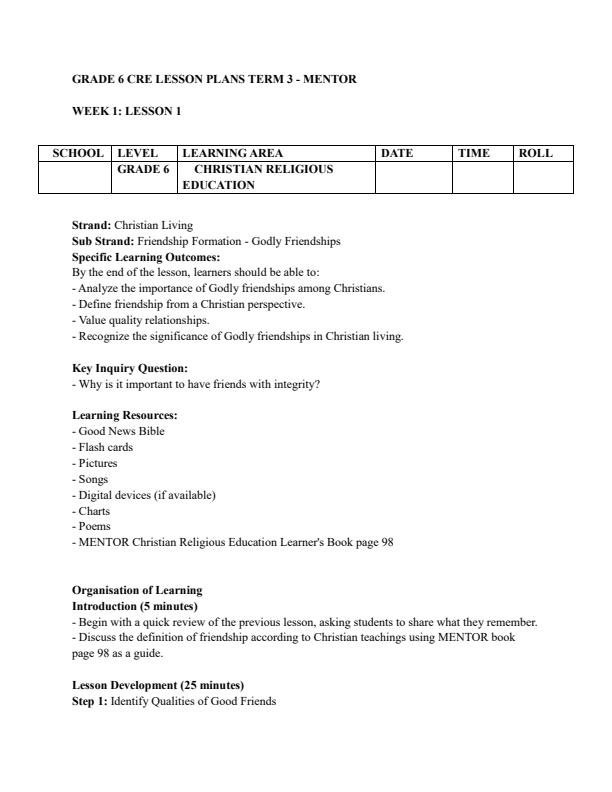 Page 1 – Grade 6 CRE Lesson Plans Term 3 - Mentor – Kenyaplex