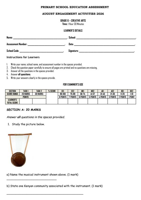 Page 1 – Grade 6 Creative Arts August 2026 Holiday Assignment – Kenyaplex