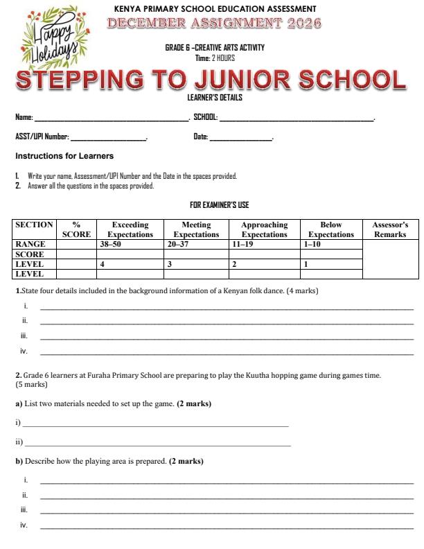 Page 1 – Grade 6 Creative Arts December 2026 Holiday Assignment – Kenyaplex