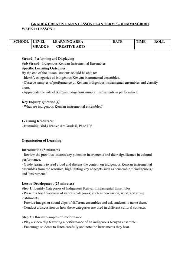 Page 1 – Grade 6 Creative Arts Lesson Plans Term 3 - Hummingbird – Kenyaplex
