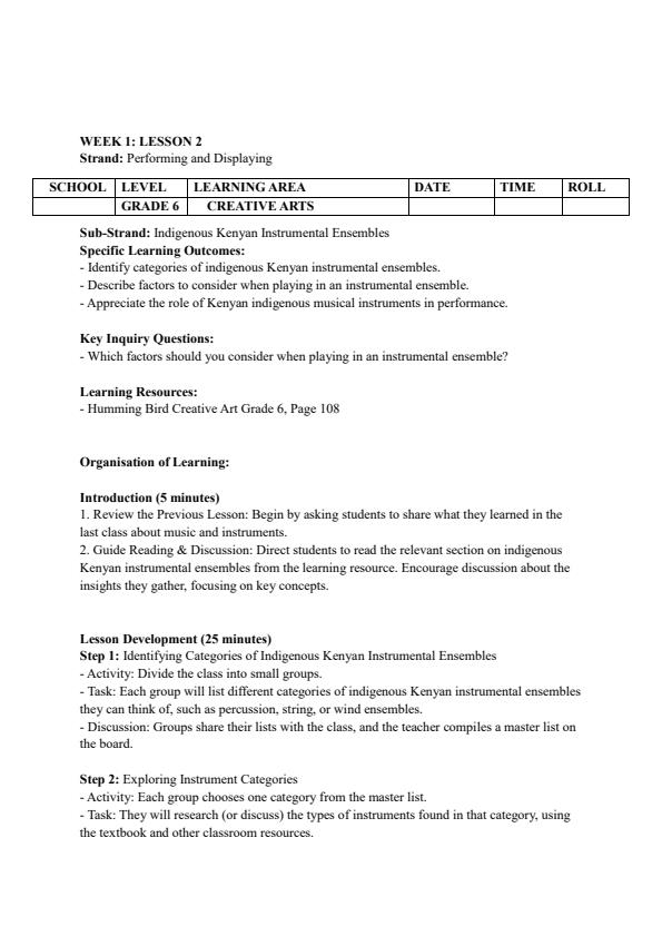 Page 3 – Grade 6 Creative Arts Lesson Plans Term 3 - Hummingbird – Kenyaplex