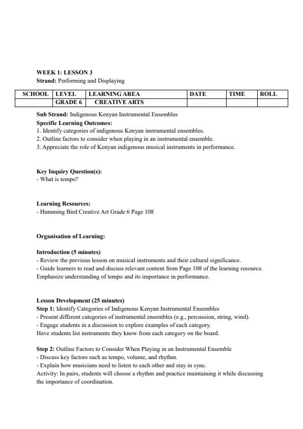 Page 5 – Grade 6 Creative Arts Lesson Plans Term 3 - Hummingbird – Kenyaplex