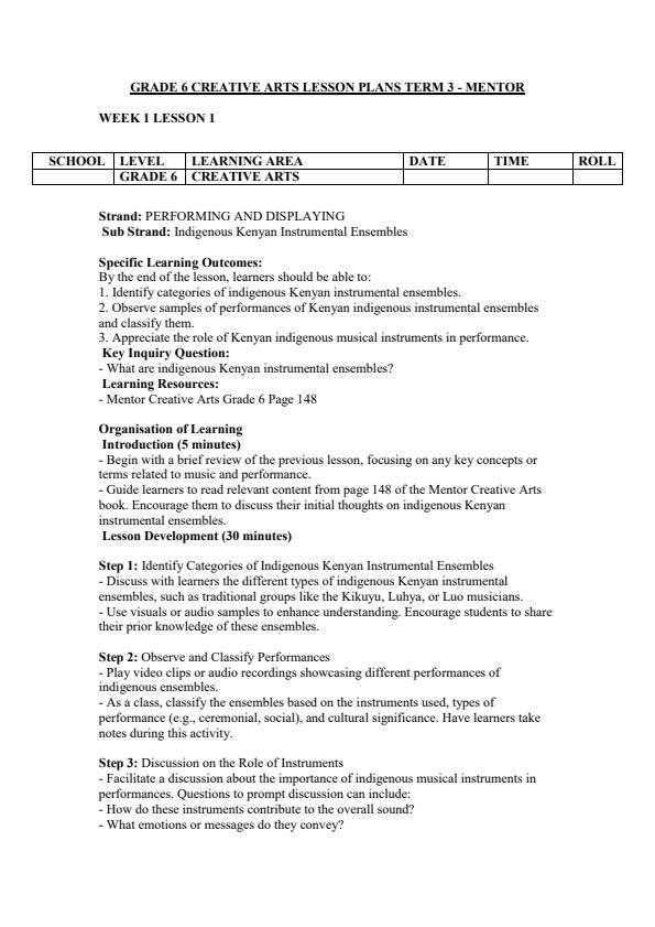 Page 1 – Grade 6 Creative Arts Lesson Plans Term 3 - Mentor – Kenyaplex