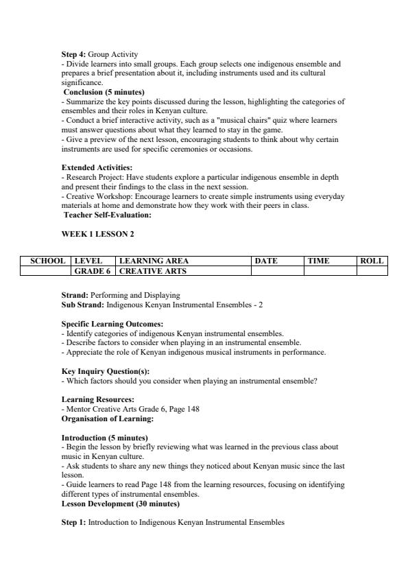 Page 2 – Grade 6 Creative Arts Lesson Plans Term 3 - Mentor – Kenyaplex