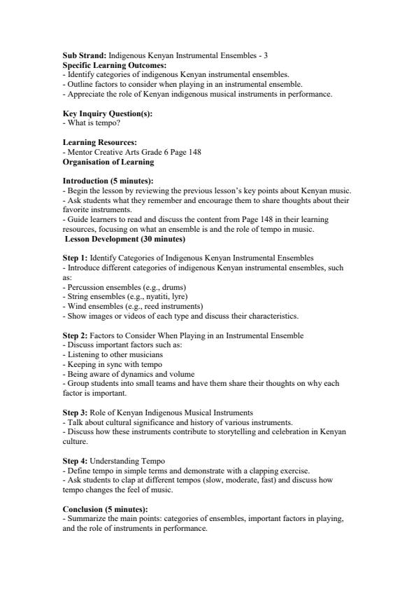 Page 4 – Grade 6 Creative Arts Lesson Plans Term 3 - Mentor – Kenyaplex