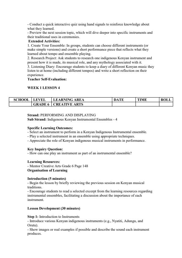 Page 5 – Grade 6 Creative Arts Lesson Plans Term 3 - Mentor – Kenyaplex
