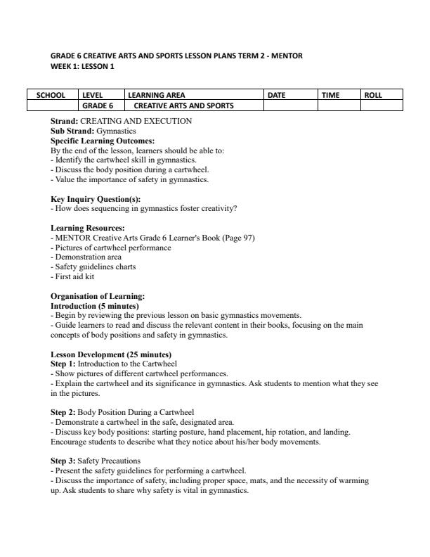 Page 1 – Grade 6 Creative Arts and Sports Lesson Plans Term 2 - Mentor – Kenyaplex