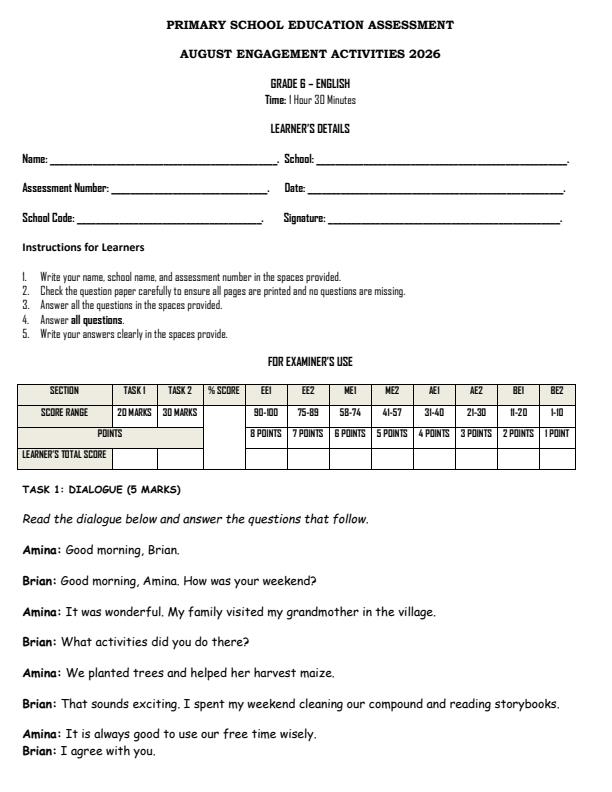 Page 1 – Grade 6 English August 2026 Holiday Assignment – Kenyaplex