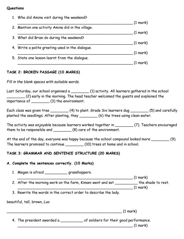 Page 2 – Grade 6 English August 2026 Holiday Assignment – Kenyaplex