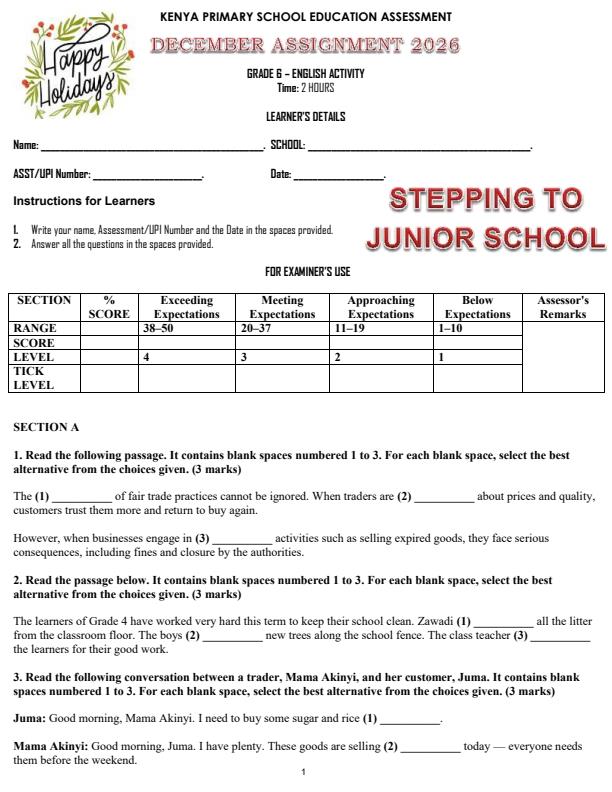 Page 1 – Grade 6 English December 2026 Holiday Assignment – Kenyaplex