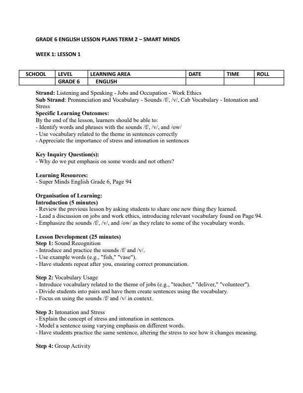 Page 1 – Grade 6 English Lesson Plans Term 2 - Smart Minds – Kenyaplex