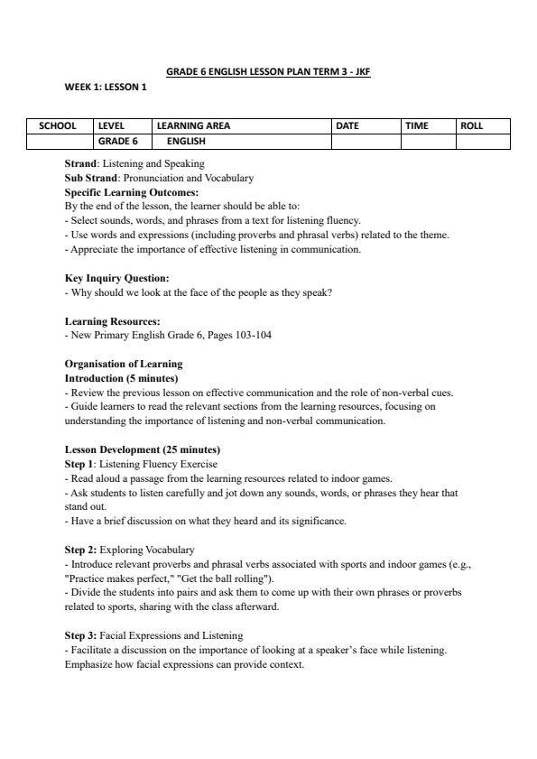 Page 1 – Grade 6 English Lesson Plans Term 3 - JKF New Primary – Kenyaplex