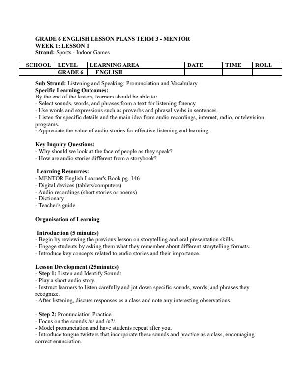 Page 1 – Grade 6 English Lesson Plans Term 3 - Mentor – Kenyaplex