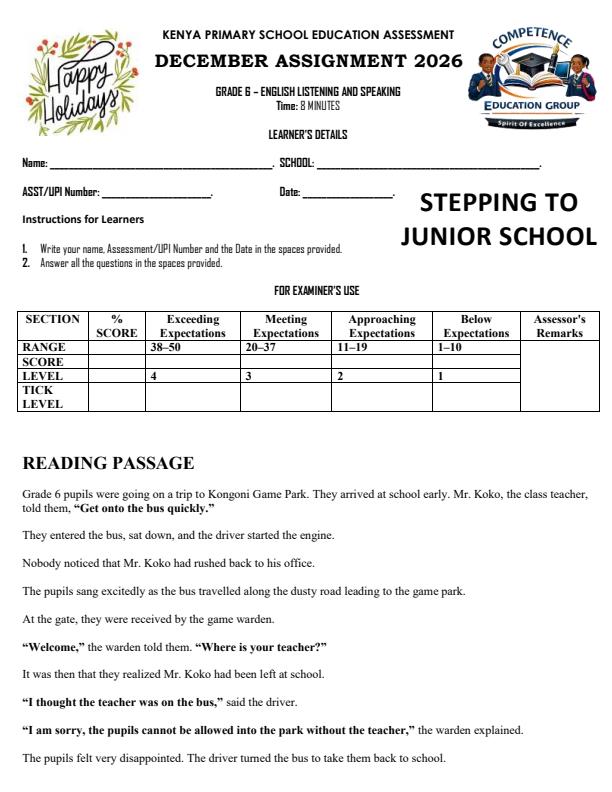 Page 1 – Grade 6 English Listening and Speakin December 2026 Holiday Assignment – Kenyaplex