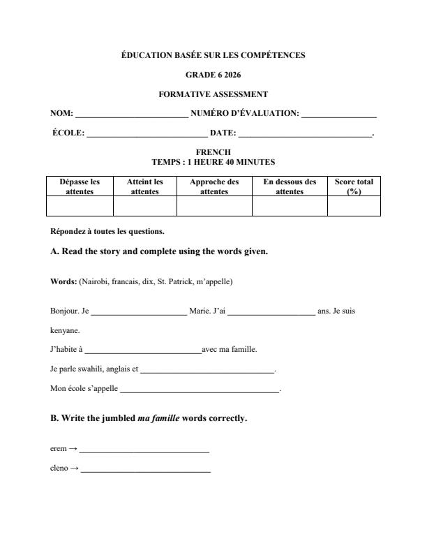 Page 1 – Grade 6 French April 2026 Holiday Assignment – Kenyaplex