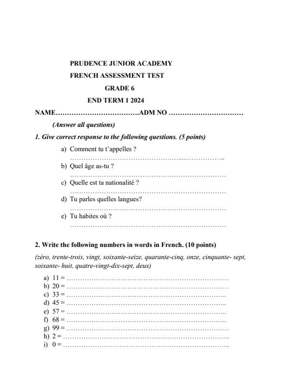 Page 1 – Grade 6 French Assessment Test End Term 1 2024 – Kenyaplex