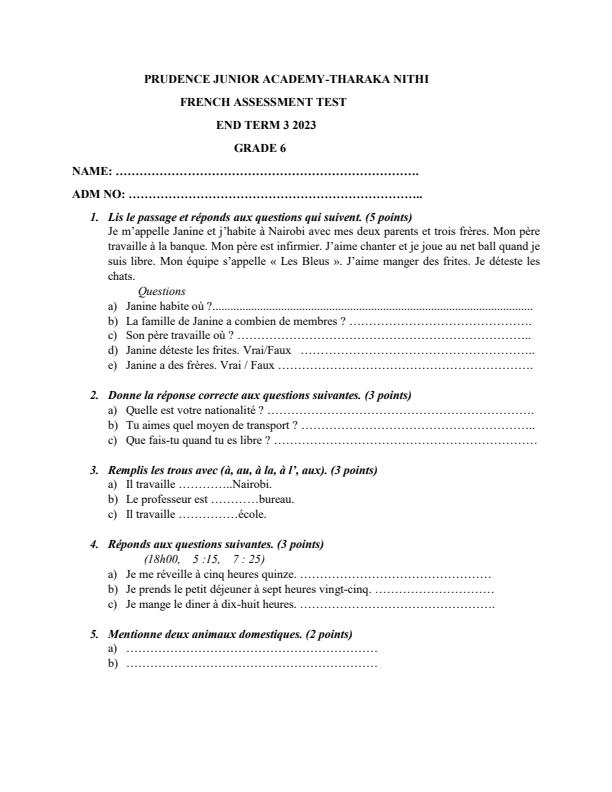 Page 1 – Grade 6 French Assessment Test End Term 3 2023 – Kenyaplex
