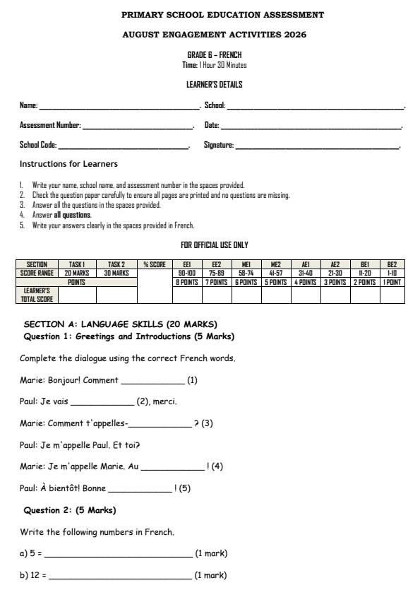 Page 1 – Grade 6 French August 2026 Holiday Assignment – Kenyaplex