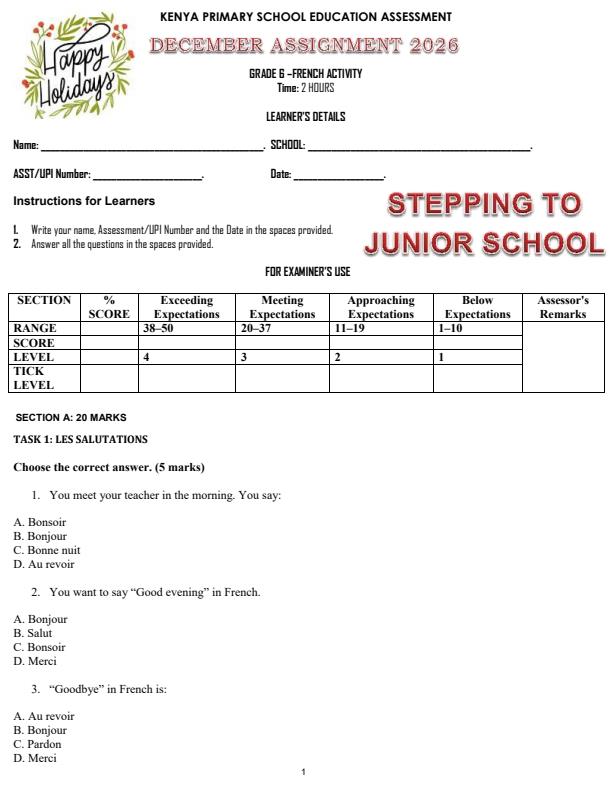 Page 1 – Grade 6 French December 2026 Holiday Assignment – Kenyaplex