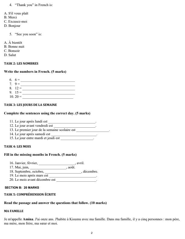 Page 2 – Grade 6 French December 2026 Holiday Assignment – Kenyaplex