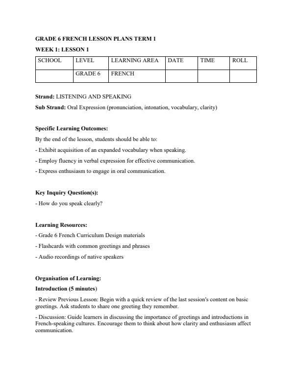 Page 1 – Grade 6 French Lesson Plans Term 1 – Kenyaplex