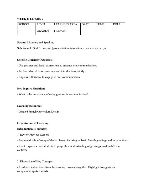 Page 4 – Grade 6 French Lesson Plans Term 1 – Kenyaplex
