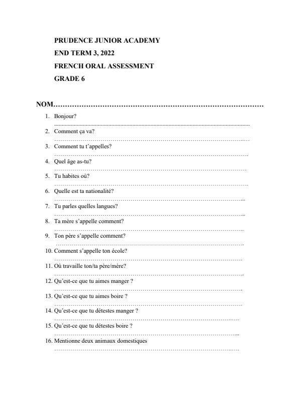 Page 1 – Grade 6 French Oral Assessment Term 3, 2022 – Kenyaplex