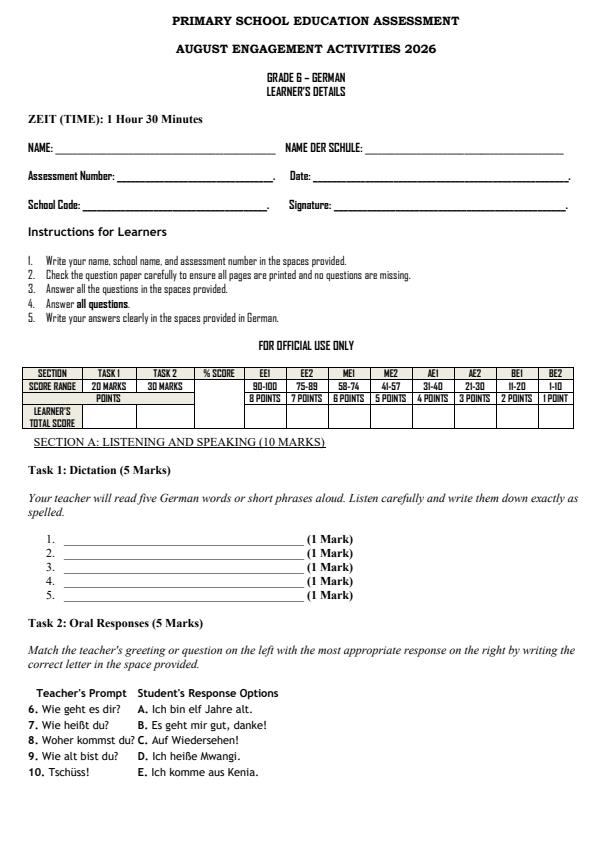 Page 1 – Grade 6 German August 2026 Holiday Assignment – Kenyaplex