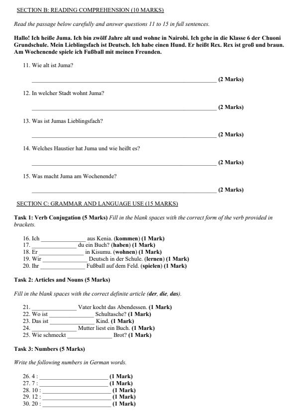 Page 2 – Grade 6 German August 2026 Holiday Assignment – Kenyaplex