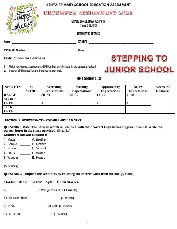 Page 1 – Grade 6 German December 2026 Holiday Assignment – Kenyaplex