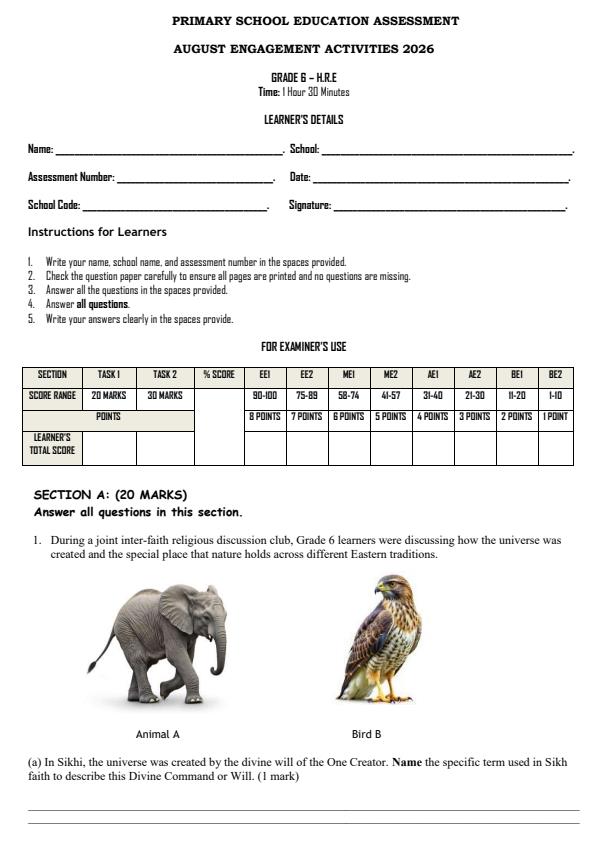Page 1 – Grade 6 Hindu Religious Education August 2026 Holiday Assignment – Kenyaplex